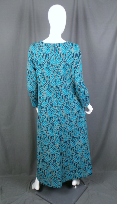1960s Blue Lurex Swirl Print Sweetheart Neckline Maxi Dress, by Jeannie, 45in Bust