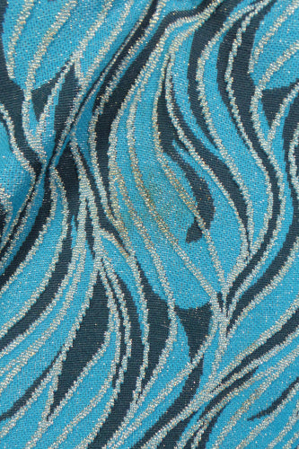 1960s Blue Lurex Swirl Print Sweetheart Neckline Maxi Dress, by Jeannie, 45in Bust