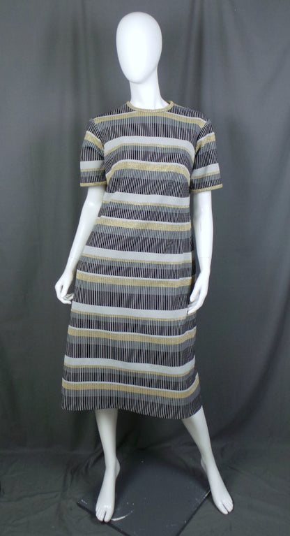 1960s Black and Gold Stripe Crimplene Vintage Dress | Carnegie
