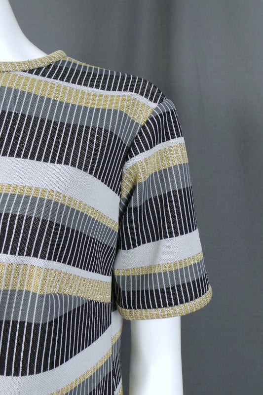 1960s Black and Gold Stripe Crimplene Dress | Carnegie | 2XL