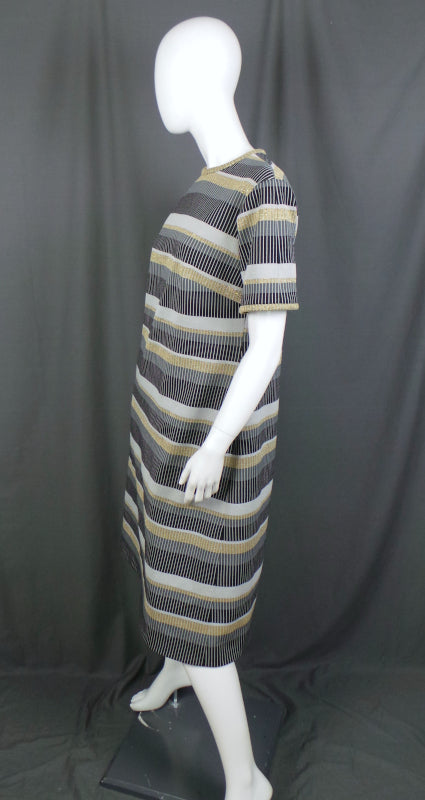 1960s Black and Gold Stripe Crimplene Dress Carnegie 2XL