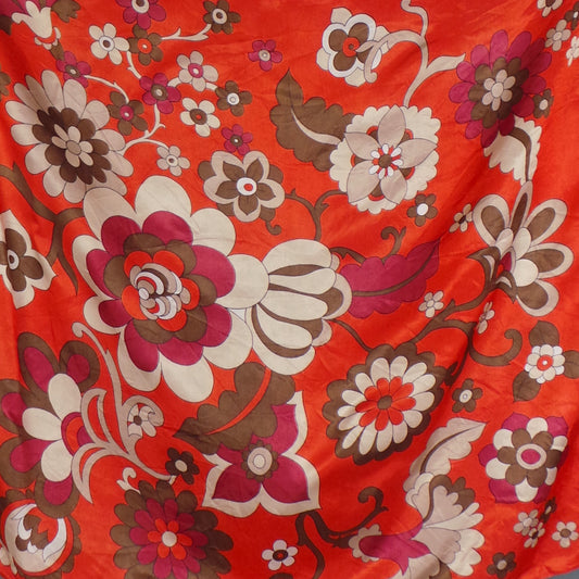 1960s Red and Brown Bold Blooms Vintage Scarf
