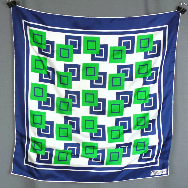 1960s Green and Navy Square Print Vintage Scarf | Clifford Bond