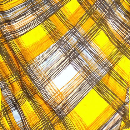 1970s Yellow, Brown and Light Blue Check Print Vintage Silk Scarf