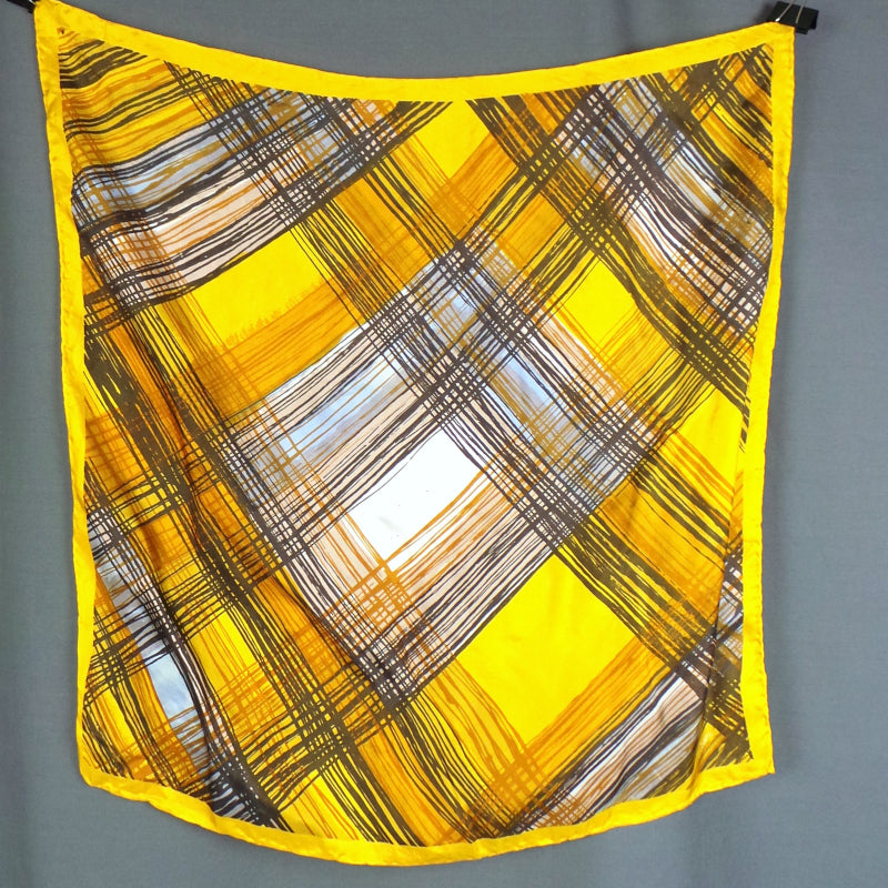 1970s Yellow and Brown Check Silk Vintage Scarf