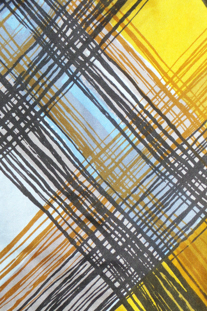 1970s Yellow, Brown and Light Blue Check Print Silk Scarf