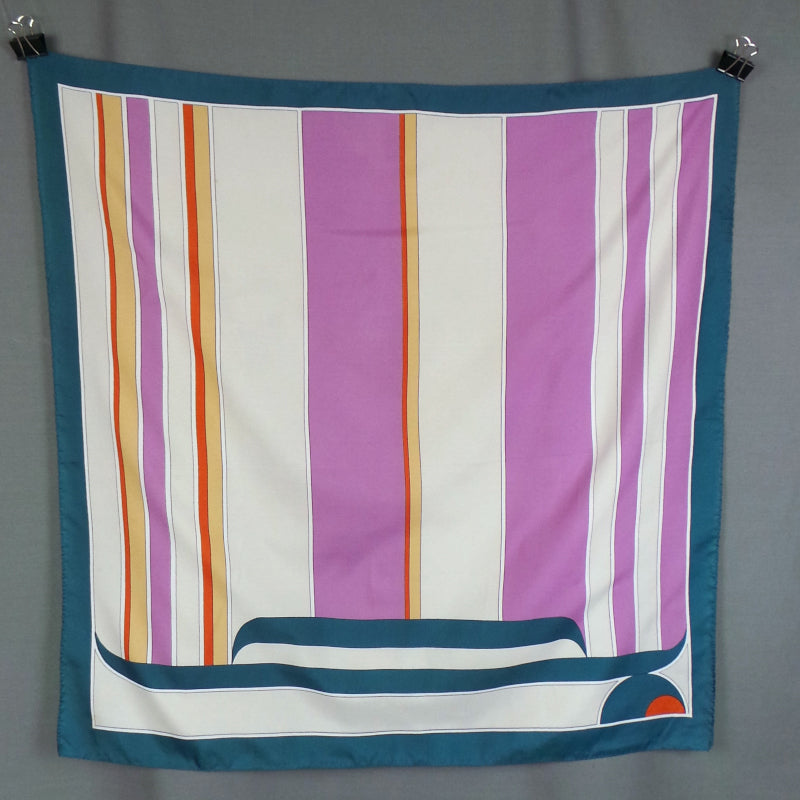 1970s Teal, Lilac and White Deco Style Print Scarf