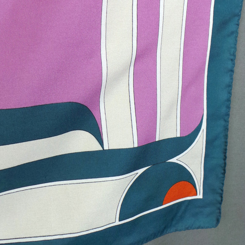 1970s Teal, Lilac and White Deco Style Print Scarf