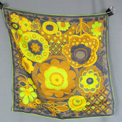 1960s Lime, Tan and Brown Bold Floral Vintage Scarf