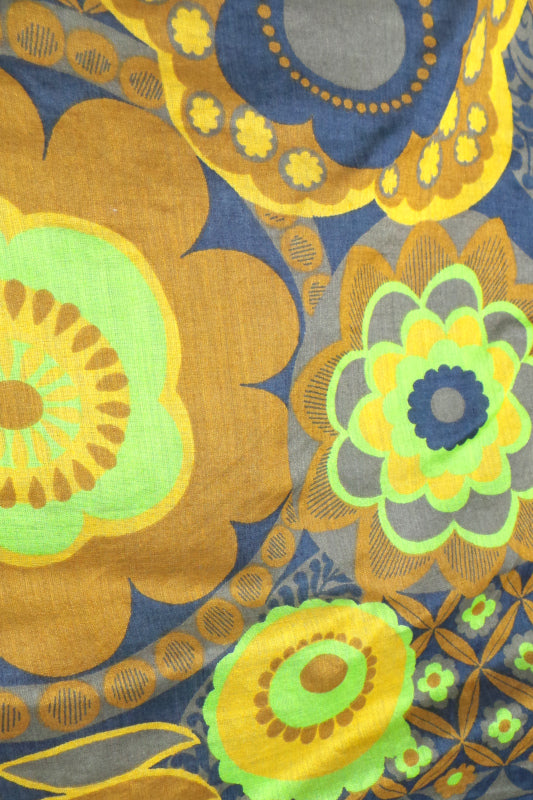 1960s Lime, Tan and Brown Bold Floral Scarf