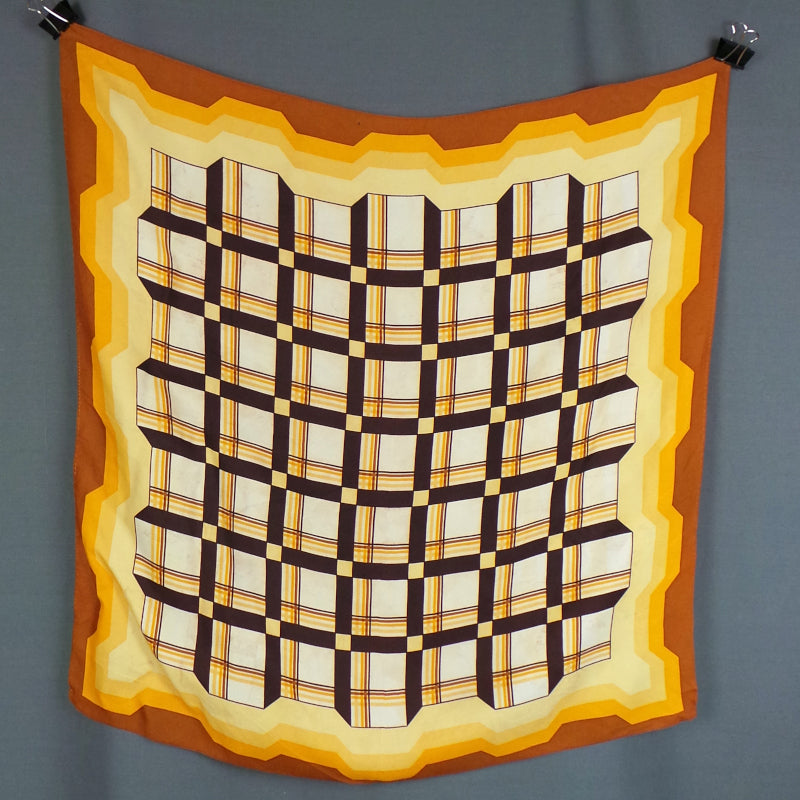 1970s Yellow and Brown Geometric Squares Vintage Scarf