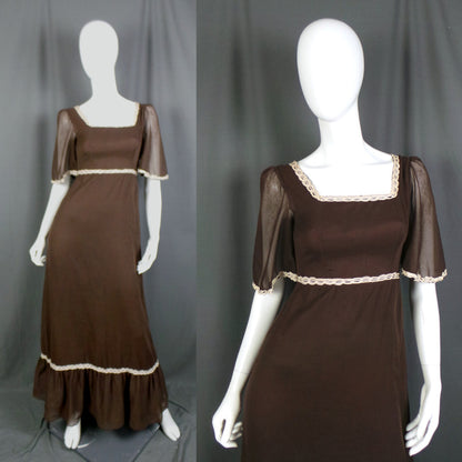 1960s Chocolate Brown Flutter Sleeve Vintage Prairie Dress, by Richard Shops