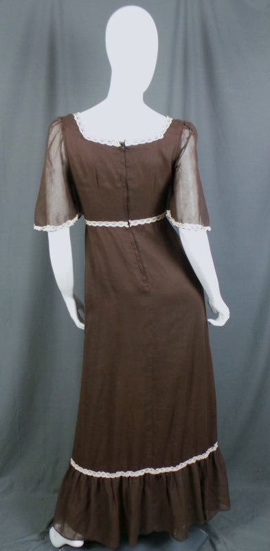 1960s Chocolate Brown Flutter Sleeve Prairie Dress, by Richard Shops, 34in Bust