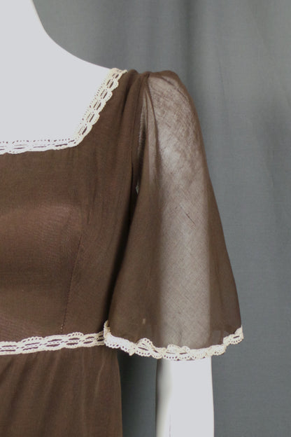 1960s Richard Shops Brown Flutter Sleeve Prairie Dress | 2XS