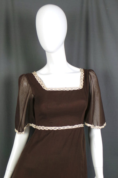 1960s Chocolate Brown Flutter Sleeve Prairie Dress, by Richard Shops, 34in Bust