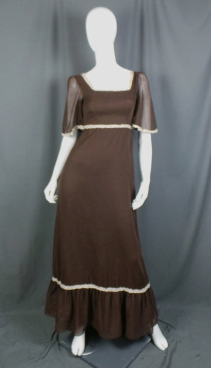 1960s Richard Shops Brown Flutter Sleeve Vintage Prairie Dress