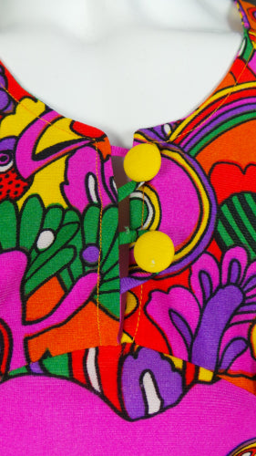 1960s Neon Psychedelic Novelty Print Sleeveless Dress, 36in Bust