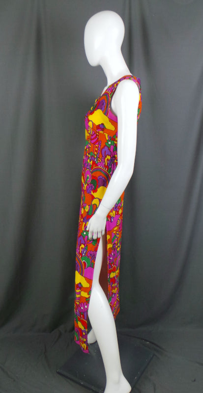 1960s Neon Psychedelic Novelty Print Sleeveless Dress, 36in Bust