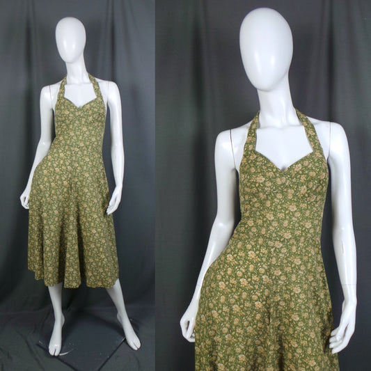 1970s Sage Green and Tan Floral Halter Neck Vintage Culottes Dress, by Lee Bender