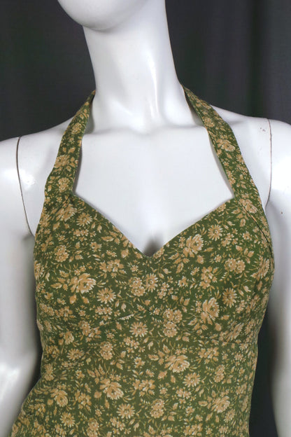 1970s Sage Green Floral Halter Neck Culottes Dress, by Lee Bender | XS