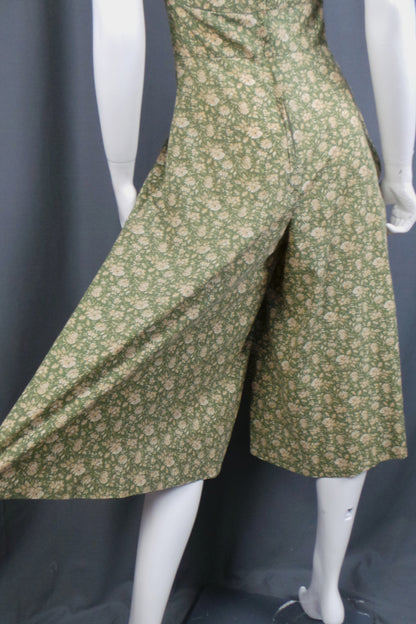 1970s Sage Green Floral Halter Neck Culottes Dress, by Lee Bender | XS