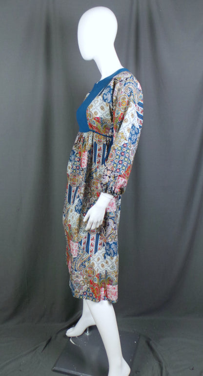 1960s Blue Patchwork Balloon Sleeve Dress, by Zanie, 34in Bust