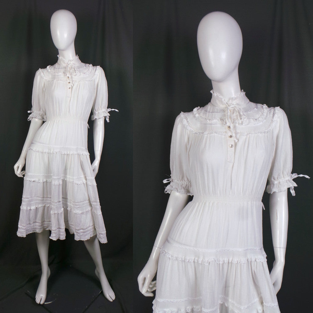 1980s White Cheesecloth Frill Trim Vintage Prairie Dress, by C&A