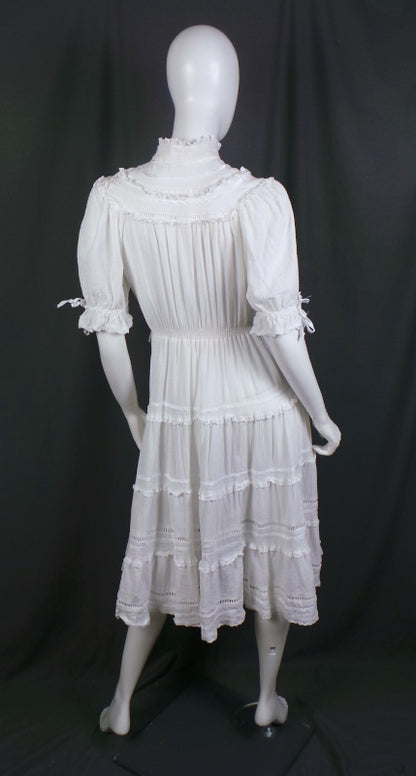 1980s White Cheesecloth Prairie Dress | C&A | M