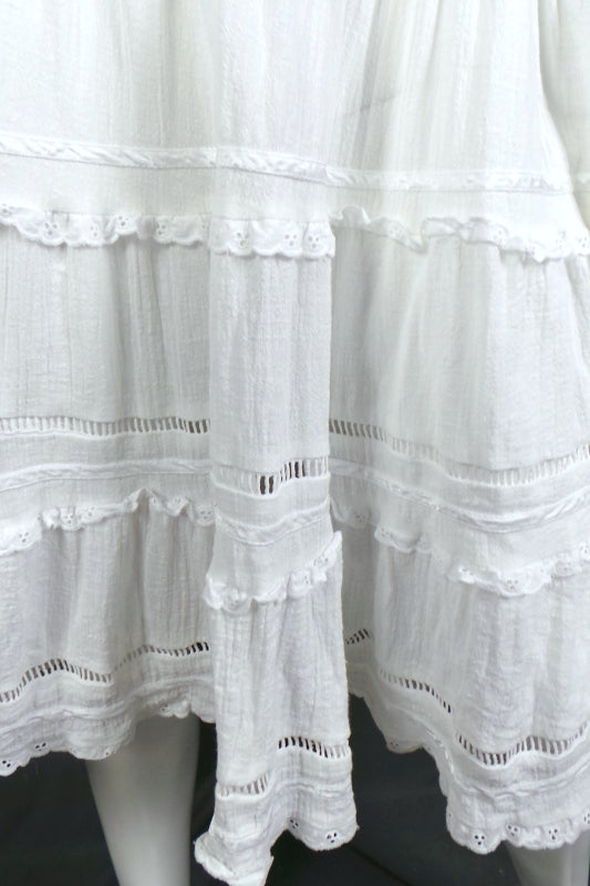 1980s White Cheesecloth Frill Trim Prairie Dress, by C&A, 40in Bust