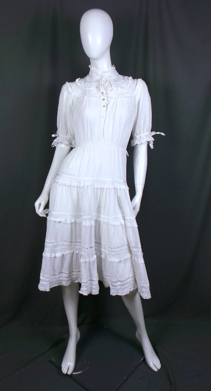 1980s White Cheesecloth Frill Trim Prairie Dress, by C&A, 40in Bust