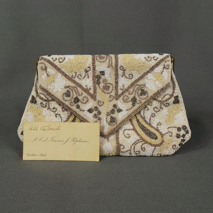 1930s Cream and Gunmetal Mirco Beaded Art Deco Bag with Gentleman's Calling Card