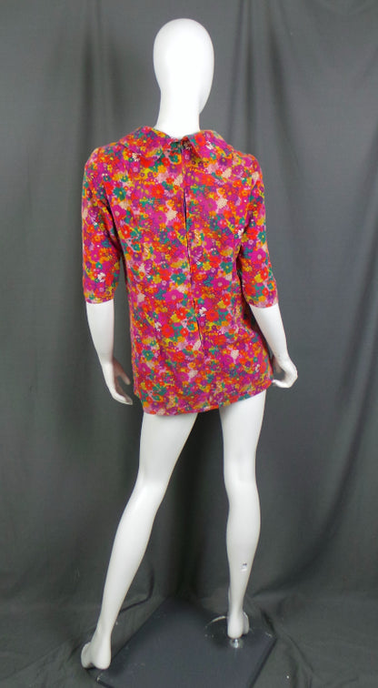 1960s Bright Pink Flower Power Needlecord Mini Dress, 40in Bust