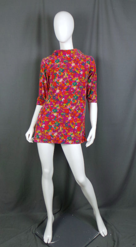 1960s Pink Flower Power Needlecord Vintage Mini Dress