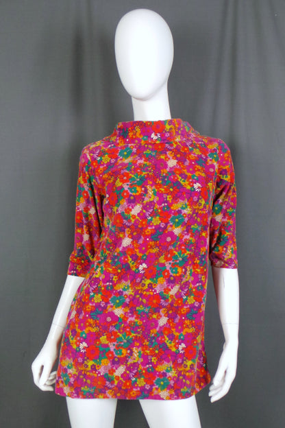 1960s Pink Flower Power Needlecord Mini Dress | M