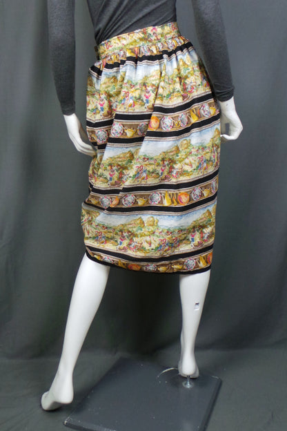1950s Italian Village Novelty Print Tulip Wrap Skirt, 26in Waist