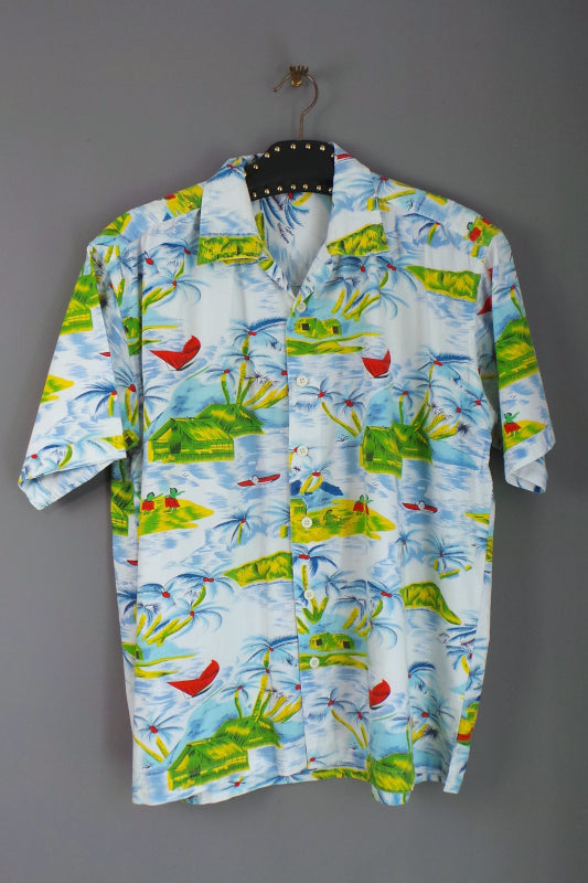 1980s Blue and Green Hawaiian Print Shirt, 51in Chest