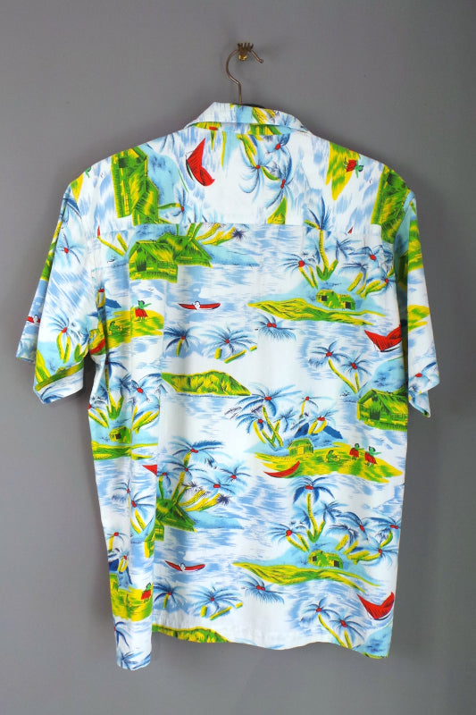1980s Blue and Green Hawaiian Print Shirt, 51in Chest