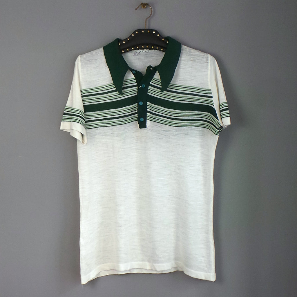1970s White and Green Striped Vintage Mens Knit Polo Shirt