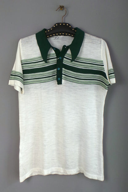 1970s White Green Striped Knit Polo | L