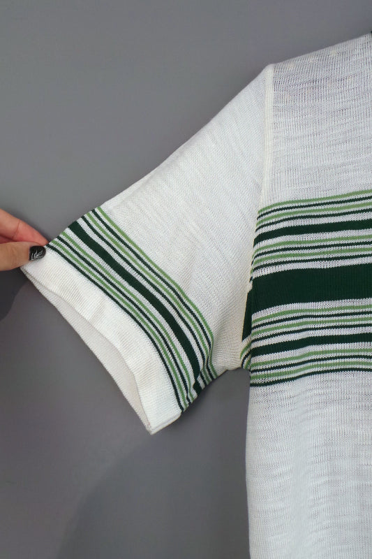 1970s White and Green Striped Knit Polo Shirt, 43in Chest