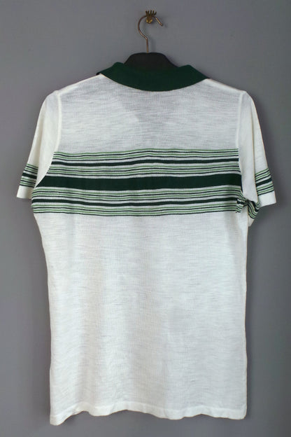 1970s White and Green Striped Knit Polo Shirt, 43in Chest