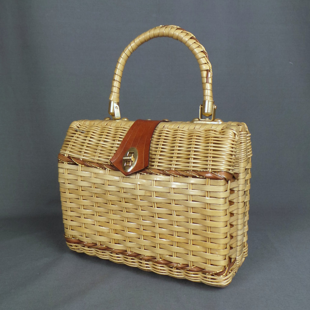 1950s Wicker Vintage Basket Bag with Leather Details