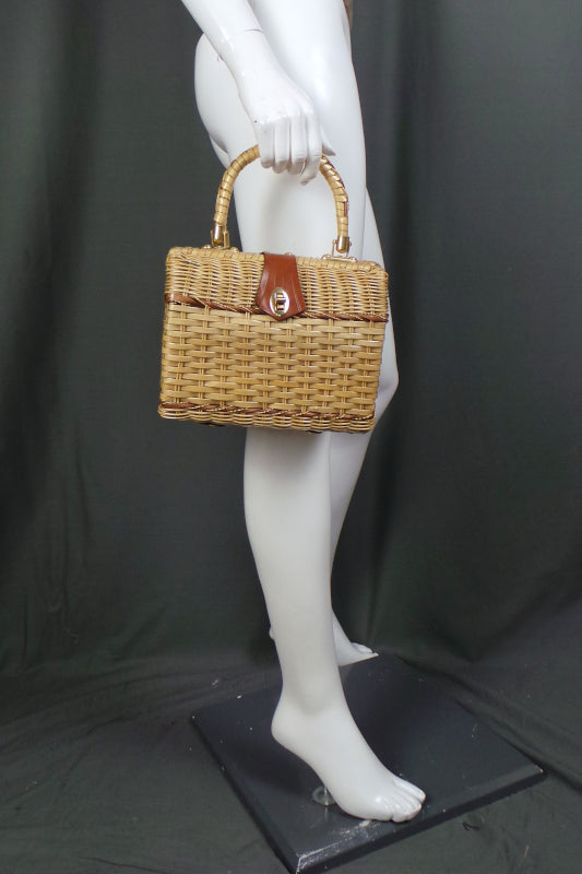 1950s Wicker Basket Bag with Leather Strap
