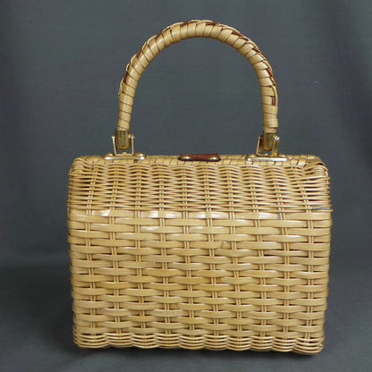 1950s Wicker Basket Bag with Leather Details