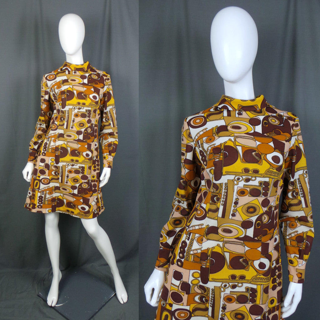 1960s Orange and Yellow Geo Print Vintage Dress
