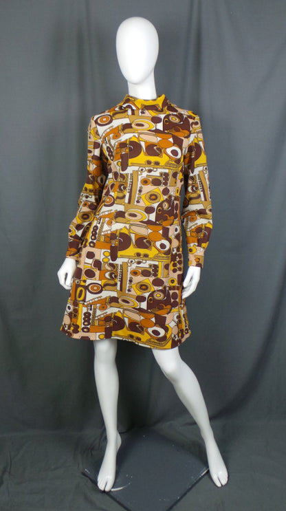 1960s Orange and Yellow Geo Print Vintage Dress