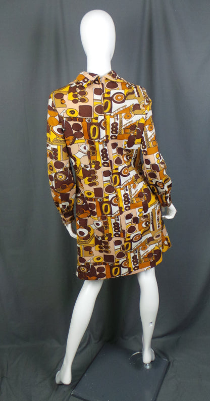 1960s Orange and Yellow Geo Print Dress | L