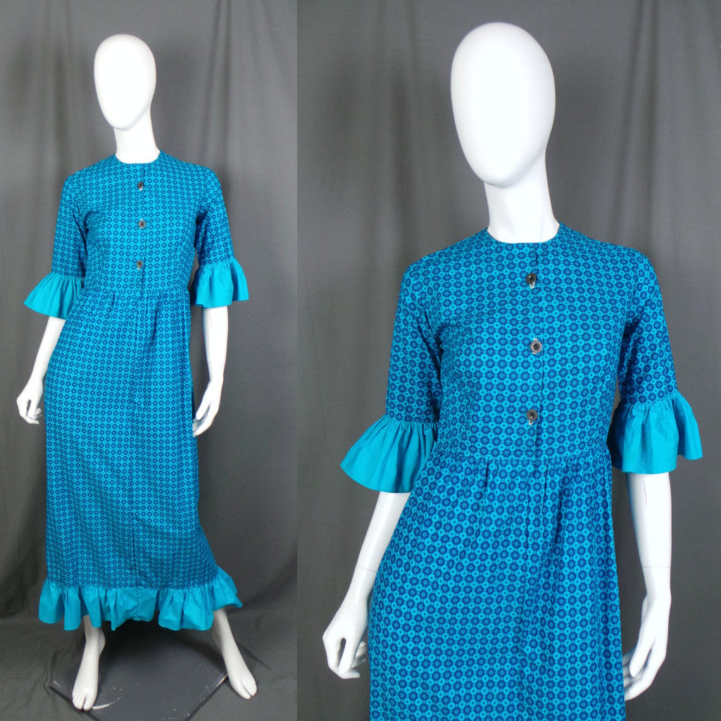 1970s Turquoise Geometric Print Frill Sleeve Vintage Dress, by Richard Shops