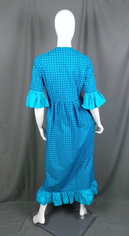 1970s Turquoise Geometric Print Frill Sleeve Dress, by Richard Shops, 36in Bust