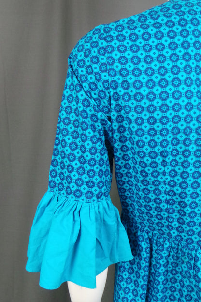 1970s Turquoise Geometric Print Frill Sleeve Dress, by Richard Shops, 36in Bust